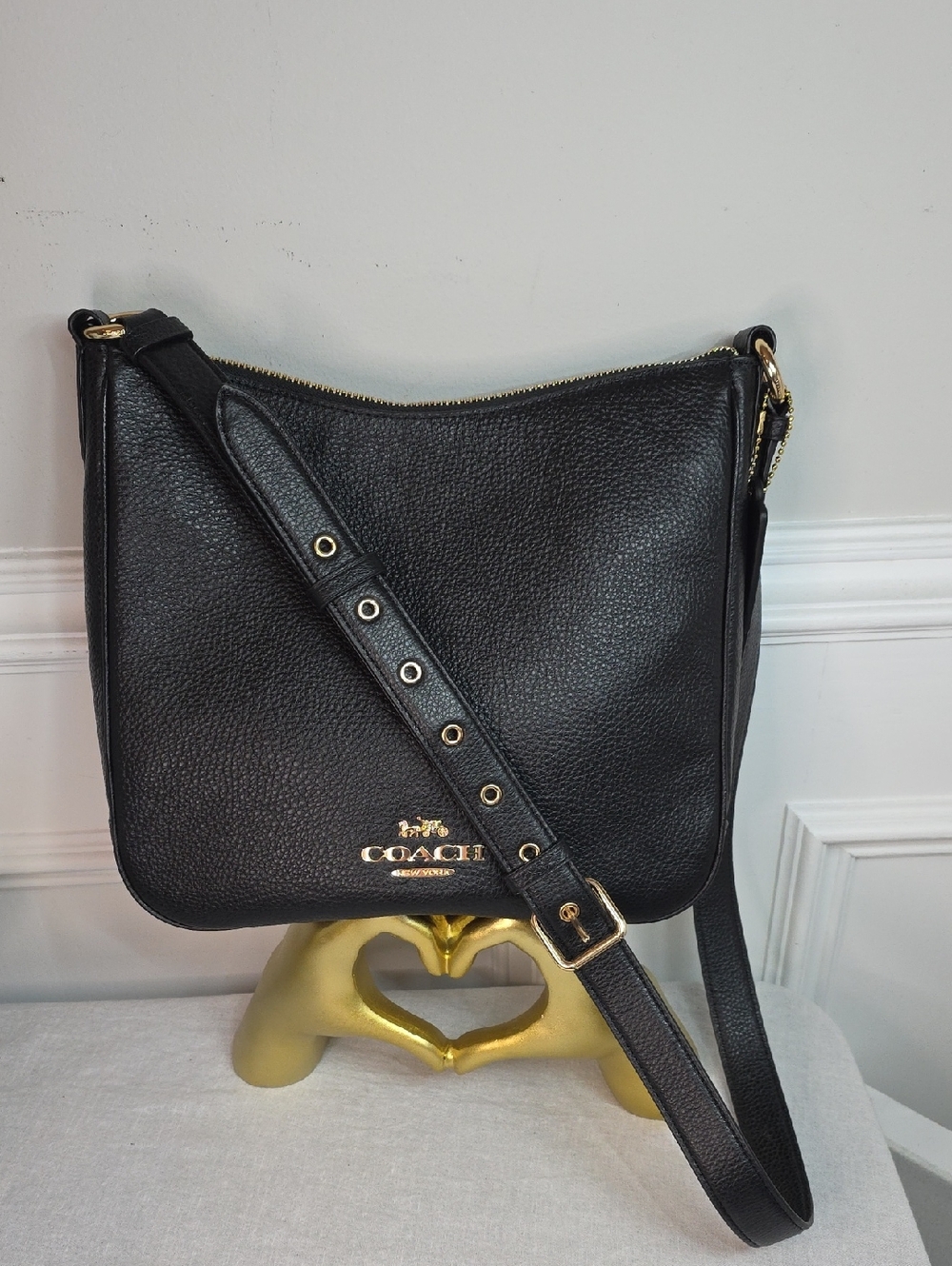 Coach Ellie File Bag Black Pebbled Leather Crossbody with Gold Hardware